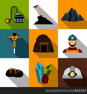 Mining activities icons set. Flat illustration of 9 mining activities vector icons for web. Mining activities icons set, flat style