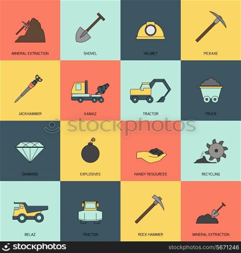 Mining and mineral extraction flat icons line isolated vector illustration