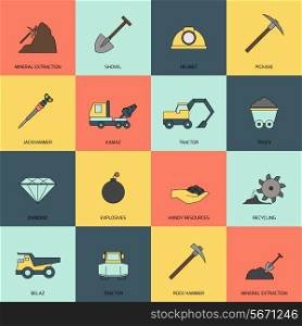 Mining and mineral extraction flat icons line isolated vector illustration