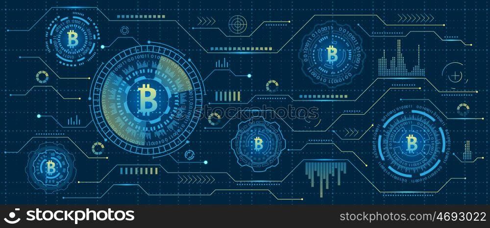 Mining Bitcoin Cryptocurrency, Digital Stream. Futuristic Money. Blockchain. Cryptography. Mining Bitcoin Cryptocurrency, Digital Stream. Futuristic Money. Blockchain. Cryptography, Financial Technology - Illustration Vector