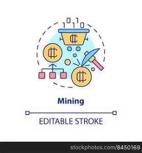 Mining concept icon. Blockchain technology. Way to make money on crypto abstract idea thin line illustration. Isolated outline drawing. Editable stroke. Arial, Myriad Pro-Bold fonts used. Mining concept icon