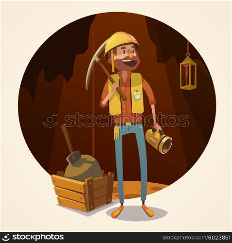 Mining concept illustration. Mining concept with retro cartoon style miner in coalmine vector illustration