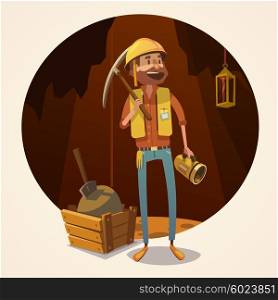 Mining concept illustration. Mining concept with retro cartoon style miner in coalmine vector illustration
