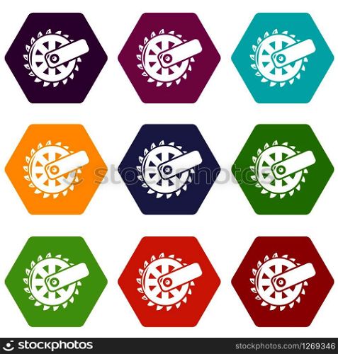 Mining cutting wheel icons 9 set coloful isolated on white for web. Mining cutting wheel icons set 9 vector