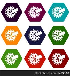 Mining cutting wheel icons 9 set coloful isolated on white for web. Mining cutting wheel icons set 9 vector