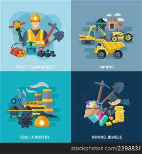 Mining design concept set with coal industry and professional miner flat icons isolated vector illustration. Mining Icons Flat Set