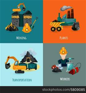 Mining design concept set with plants transportation and worker icons isolated vector illustration. Mining Icons Set