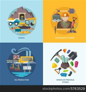 Mining design concept set with profession of miner oil production precious stones flat icons isolated vector illustration