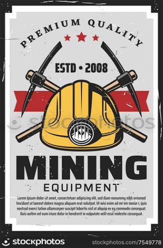 Mining equipment, miners helmet with lamp and crossed axe-picks. Vector retro mining industry, coal, metals and gold production and processing. Extraction of precious stones and minerals, digging tool. Miners equipment, mining industry axe pick, helmet