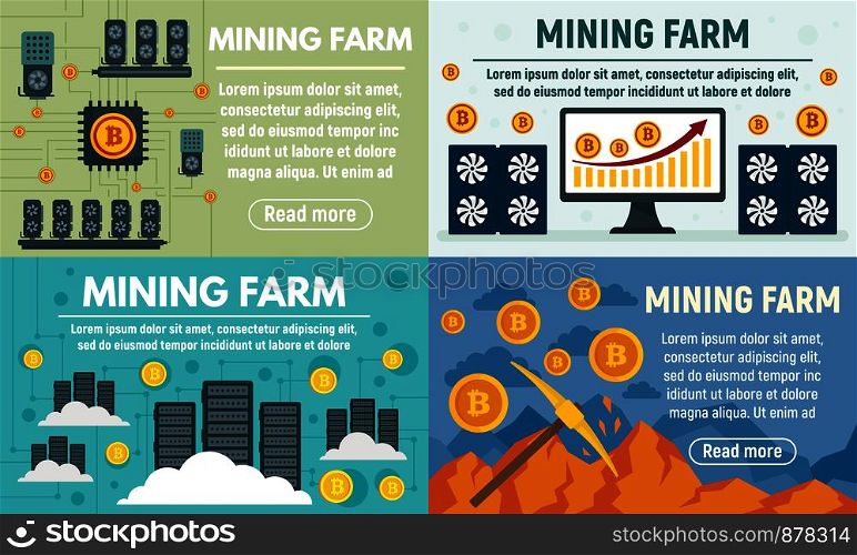Mining farm banner set. Flat illustration of mining farm vector banner set for web design. Mining farm banner set, flat style