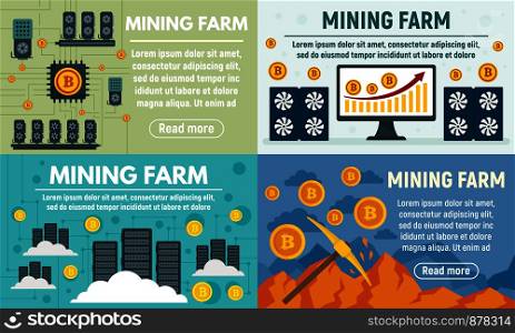 Mining farm banner set. Flat illustration of mining farm vector banner set for web design. Mining farm banner set, flat style