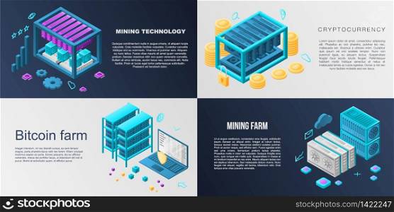 Mining farm banner set. Isometric set of mining farm vector banner for web design. Mining farm banner set, isometric style