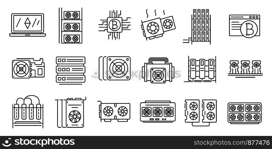 Mining farm icons set. Outline set of mining farm vector icons for web design isolated on white background. Mining farm icons set, outline style