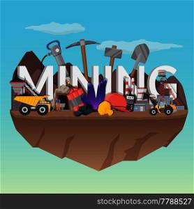 Mining flat composition with typographic lettering, equipment and machineries, workers, plant on blue sky background vector illustration . Mining Flat Composition