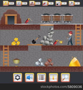 Mining game treasure hunt interface with assets signs and miner vector illustration. Mining Game Interface