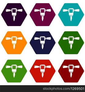 Mining hammer drill icons 9 set coloful isolated on white for web. Mining hammer drill icons set 9 vector