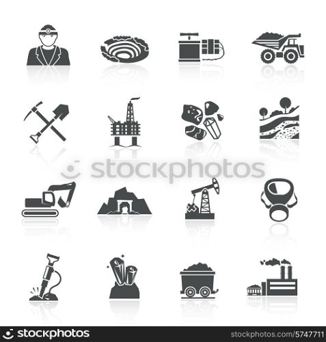 Mining icons black set with hammer helmet lamp earth mover isolated vector illustration