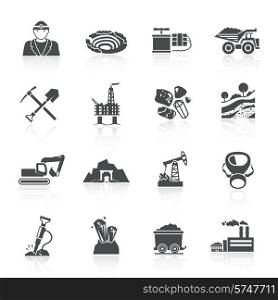 Mining icons black set with hammer helmet lamp earth mover isolated vector illustration