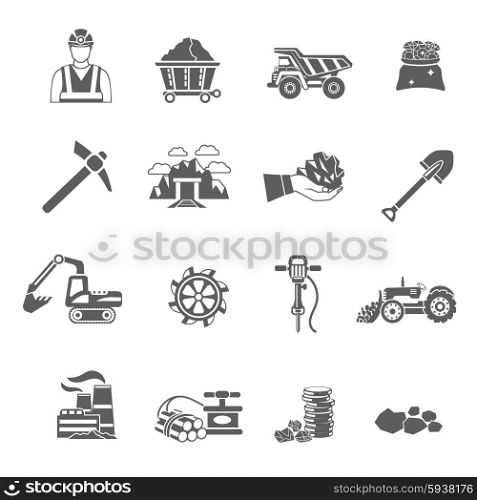 Mining icons black set with worker minerals truck isolated vector illustration. Mining Icons Set