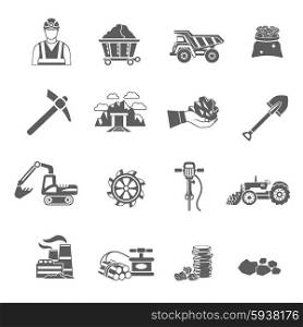 Mining icons black set with worker minerals truck isolated vector illustration. Mining Icons Set