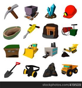 Mining icons cartoon set with miner hammer truck bulldozer . Mining icons cartoon set