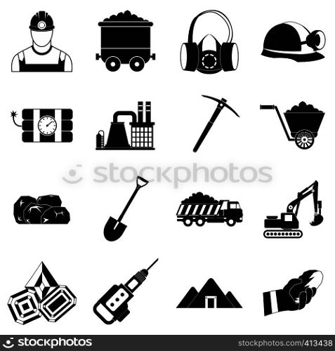 Mining icons simple set with miner hammer truck bulldozer . Mining icons simple set