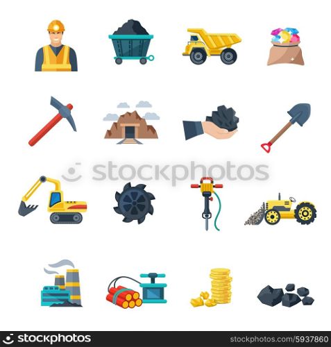 Mining industry and mineral extraction equipment icons flat set isolated vector illustration. Mining Icons Flat