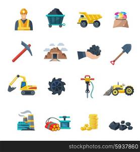 Mining industry and mineral extraction equipment icons flat set isolated vector illustration. Mining Icons Flat