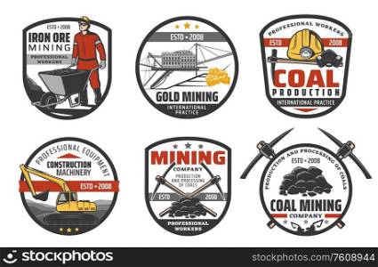 Mining industry, coal mine machinery and equipment, vector company icons. Metal iron ore and fossil coal extraction, excavator digger and bulldozer, miner jackhammer, safety hardhat and pickax. Iron ore mining industry coal mine machinery icons