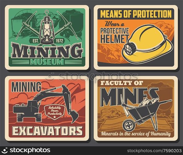 Mining industry coal mine machinery excavators and miner equipment museum vector vintage posters. Miner university and industrial production faculty on metal and iron ore extraction. Mining industry equpment, machinery museum