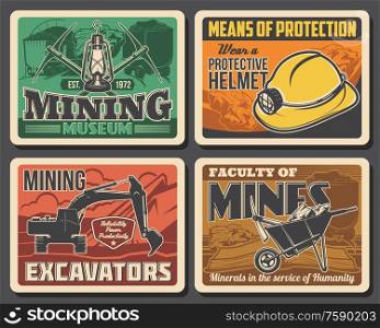 Mining industry coal mine machinery excavators and miner equipment museum vector vintage posters. Miner university and industrial production faculty on metal and iron ore extraction. Mining industry equpment, machinery museum