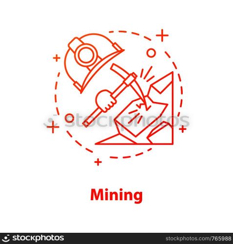 Mining industry concept icon. Minerals extraction idea thin line illustration. Pickaxe breaking rock, industrial safety helmet. Vector isolated outline drawing. Mining industry concept icon
