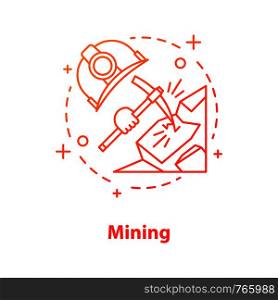 Mining industry concept icon. Minerals extraction idea thin line illustration. Pickaxe breaking rock, industrial safety helmet. Vector isolated outline drawing. Mining industry concept icon