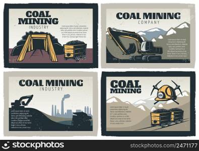 Mining industry emblem design conceptual compositions set with mountain scenery and vintage decorative professional gear images vector illustration. Coal Mining Designs Set
