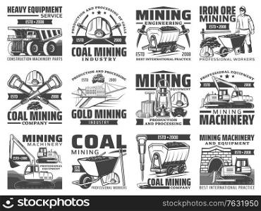 Mining industry equipment, machinery and miner tool isolated icons. Vector miner, helmet, pickaxe and hammer, iron, coal and gold mine excavator, dump truck and dynamite, bulldozer and cart symbols. Mining industry equipment and miner tool icons