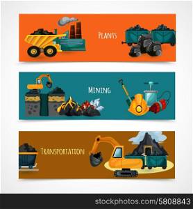 Mining industry horizontal banners set with mineral extraction and transportation elements isolated vector illustration. Mining Banners Set