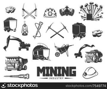Mining industry isolated monochrome icons. Vector coal processing and production, extraction of minerals. Digging equipment, pick tools and wheelbarrow, miner helmet and excavator, boring machine. Coal mining industry equipment and machinery icons