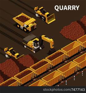 Mining machinery background with trucks and excavators loading rocks 3d vector illustration