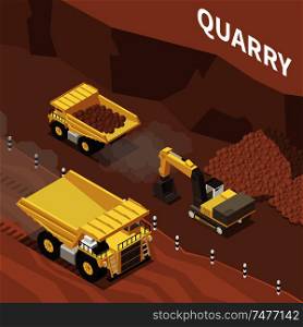 Mining machinery working in quarry 3d isomtric vector illustration