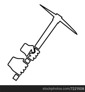 Mining pickaxe Mattock pick axe in hand contour outline icon black color vector illustration flat style simple image. Mining pickaxe Mattock pick axe in hand contour outline icon black color vector illustration flat style image
