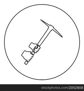 Mining pickaxe Mattock pick axe in hand icon in circle round black color vector illustration image outline contour line thin style simple. Mining pickaxe Mattock pick axe in hand icon in circle round black color vector illustration image outline contour line thin style