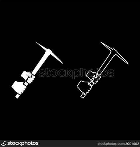 Mining pickaxe Mattock pick axe in hand icon white color vector illustration flat style simple image set. Mining pickaxe Mattock pick axe in hand icon white color vector illustration flat style image set