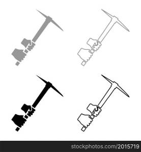 Mining pickaxe Mattock pick axe in hand set icon grey black color vector illustration image simple flat style solid fill outline contour line thin. Mining pickaxe Mattock pick axe in hand set icon grey black color vector illustration image flat style solid fill outline contour line thin