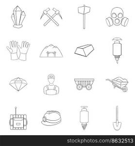 Mining set icons in outline style isolated on white background. Mining icon set outline