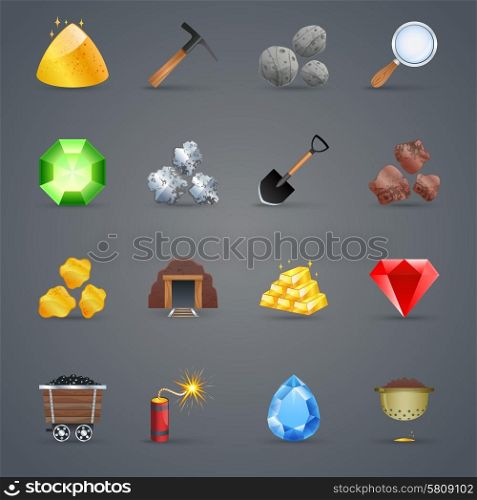 Mining strategy game cartoon icons set with gem picking tools isolated vector illustration. Mining Game Icons