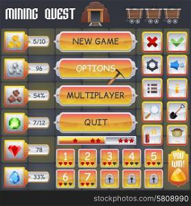 Mining treasure hunt game menu interface with cartoon treasure symbols vector illustration. Mining Game Interface