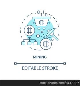 Mining turquoise concept icon. Blockchain technology. Way to make money on crypto abstract idea thin line illustration. Isolated outline drawing. Editable stroke. Arial, Myriad Pro-Bold fonts used. Mining turquoise concept icon