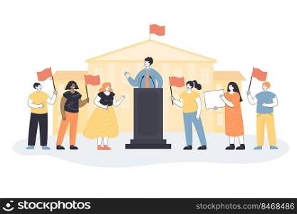 Minister speaking on meeting with audience of voters people. Public speech of speaker politician on podium at government building flat vector illustration. Politics, freedom and democracy concept. Minister speaking on meeting with audience of voters people
