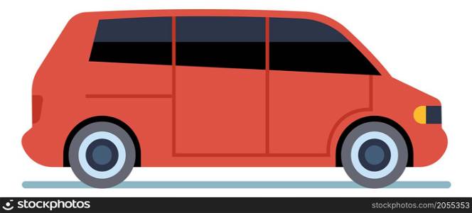 Minivan icon. Red cartoon car. Side view of big family auto isolated on white background. Minivan icon. Red cartoon car. Side view of big family auto
