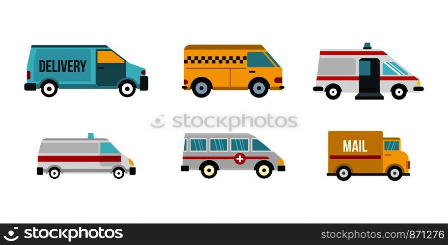 Minivan icon set. Flat set of minivan vector icons for web design isolated on white background. Minivan icon set, flat style